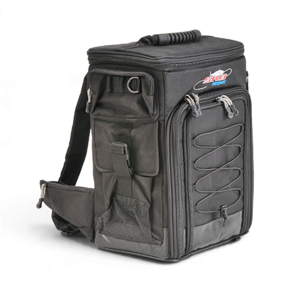 SKB Cases Tak-Pak black fishing tackle backpack with multiple exterior pockets and durable water-resistant fabric.