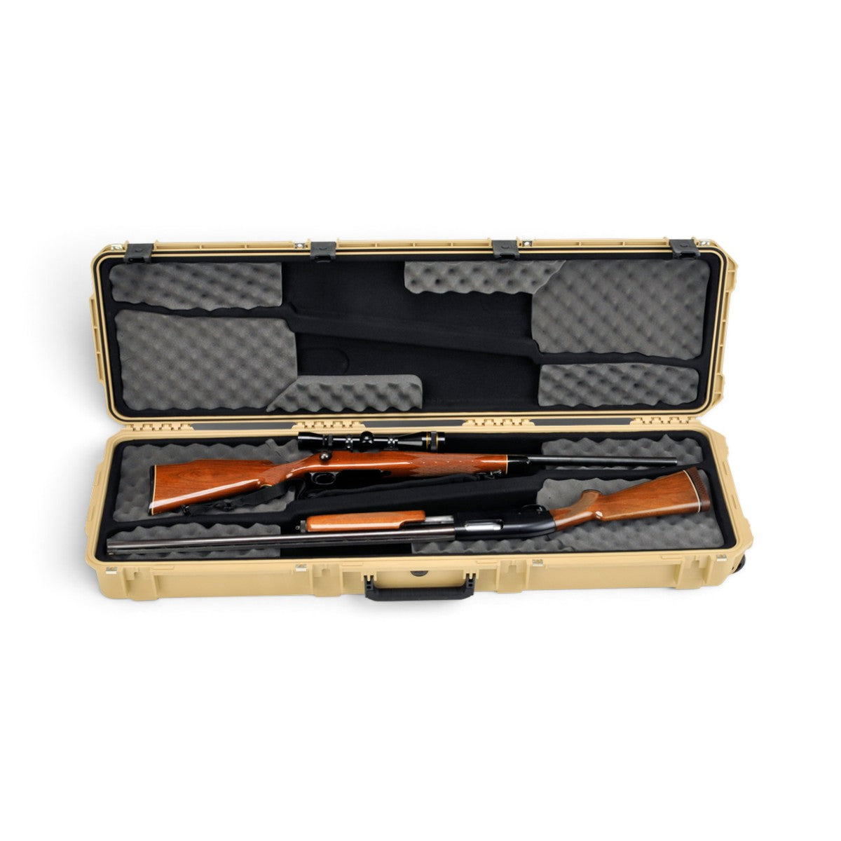 SKB Cases iSeries 5014-6 tan waterproof double rifle case with foam interior holding two wooden rifles