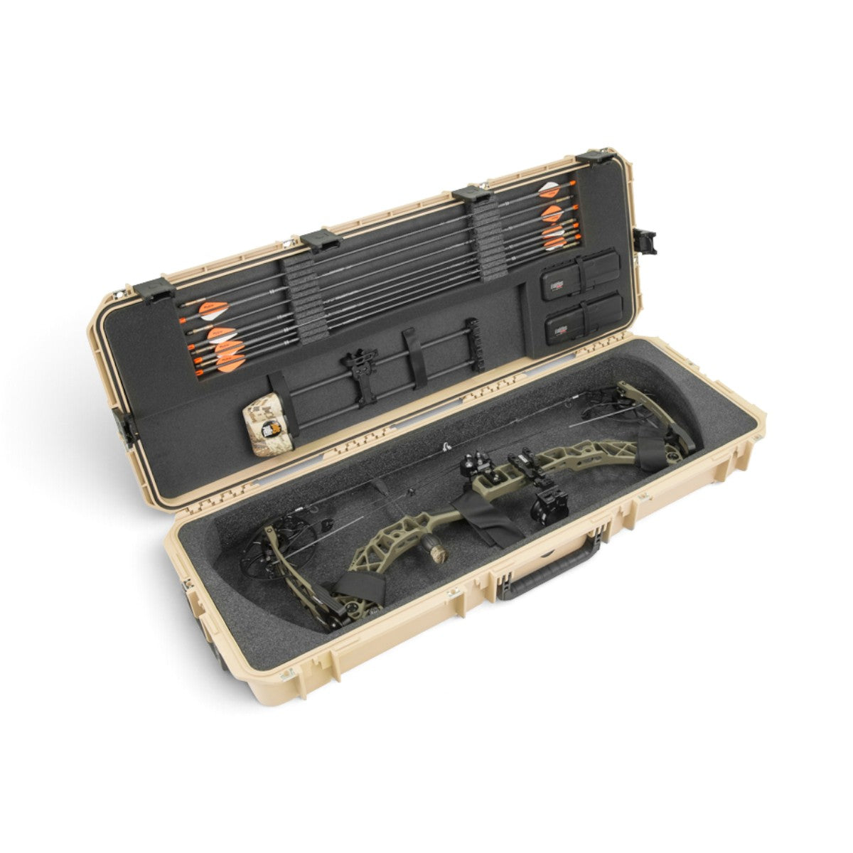 SKB Cases iSeries 4214-5 tan waterproof bow case open with a compound bow, arrows, and foam interior storage.