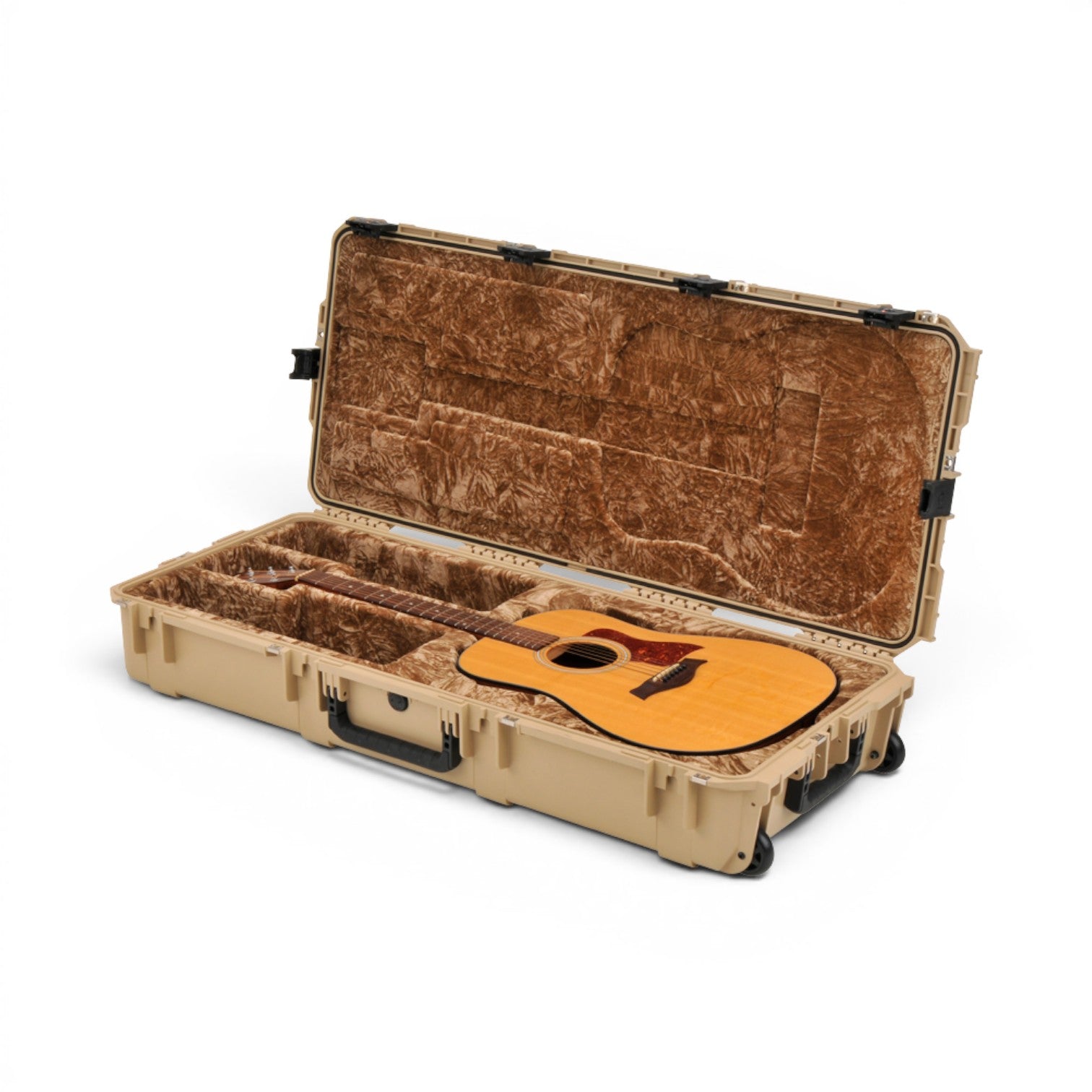 SKB Cases tan waterproof iSeries dreadnought acoustic guitar case with plush interior and heavy-duty latches