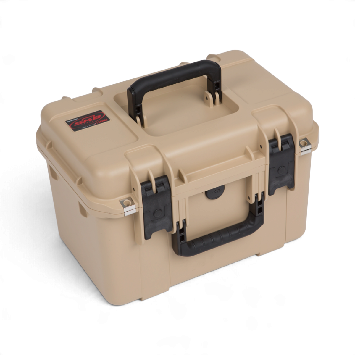SKB Cases iSeries 1610-10 tan waterproof tackle box with black latches and handles on a white background.