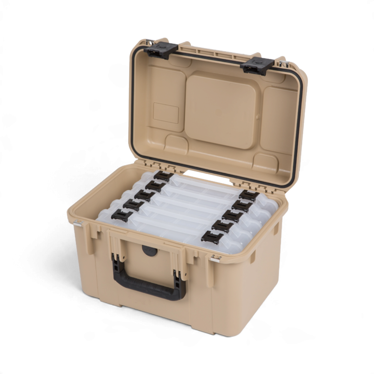 SKB Cases iSeries 1610-10 tan waterproof tackle box with five internal storage containers and a durable carry handle.