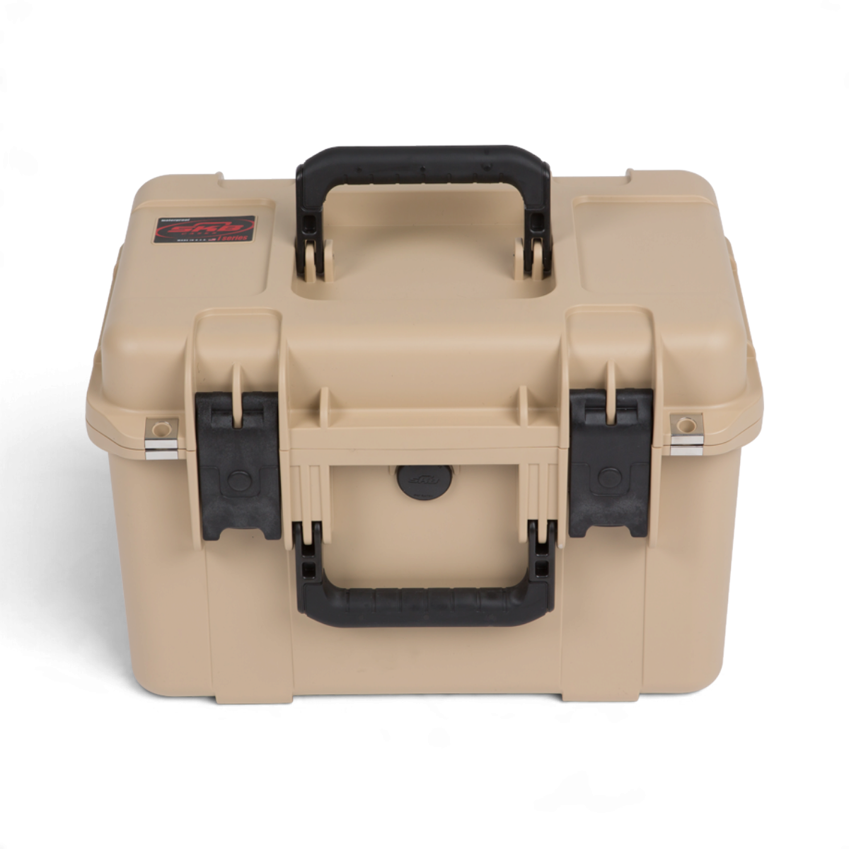 SKB Cases iSeries 1610-10 tan waterproof tackle box with black latches and a rubber over-molded cushion grip handle.