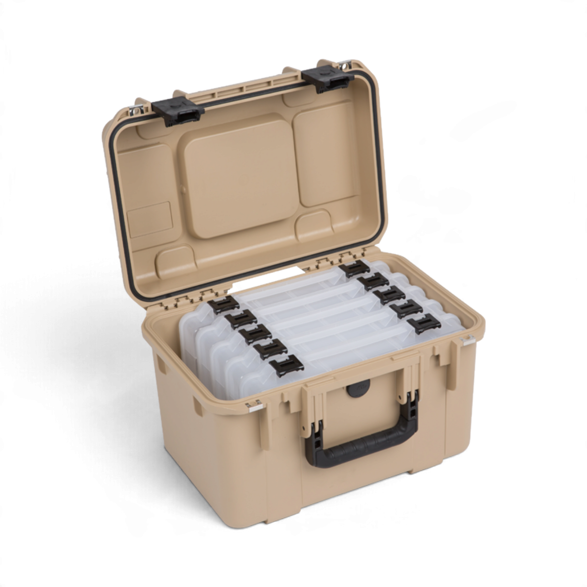 SKB Cases iSeries 1610-10 tan waterproof tackle box with five interior storage containers and a rubber grip handle.