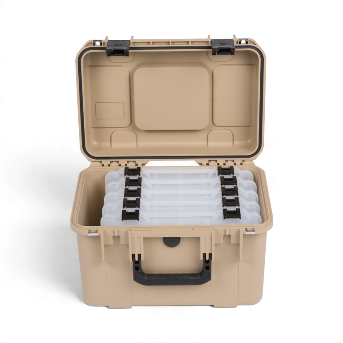 SKB Cases iSeries 1610-10 tan waterproof tackle box with five interior storage containers and a secure latch system.