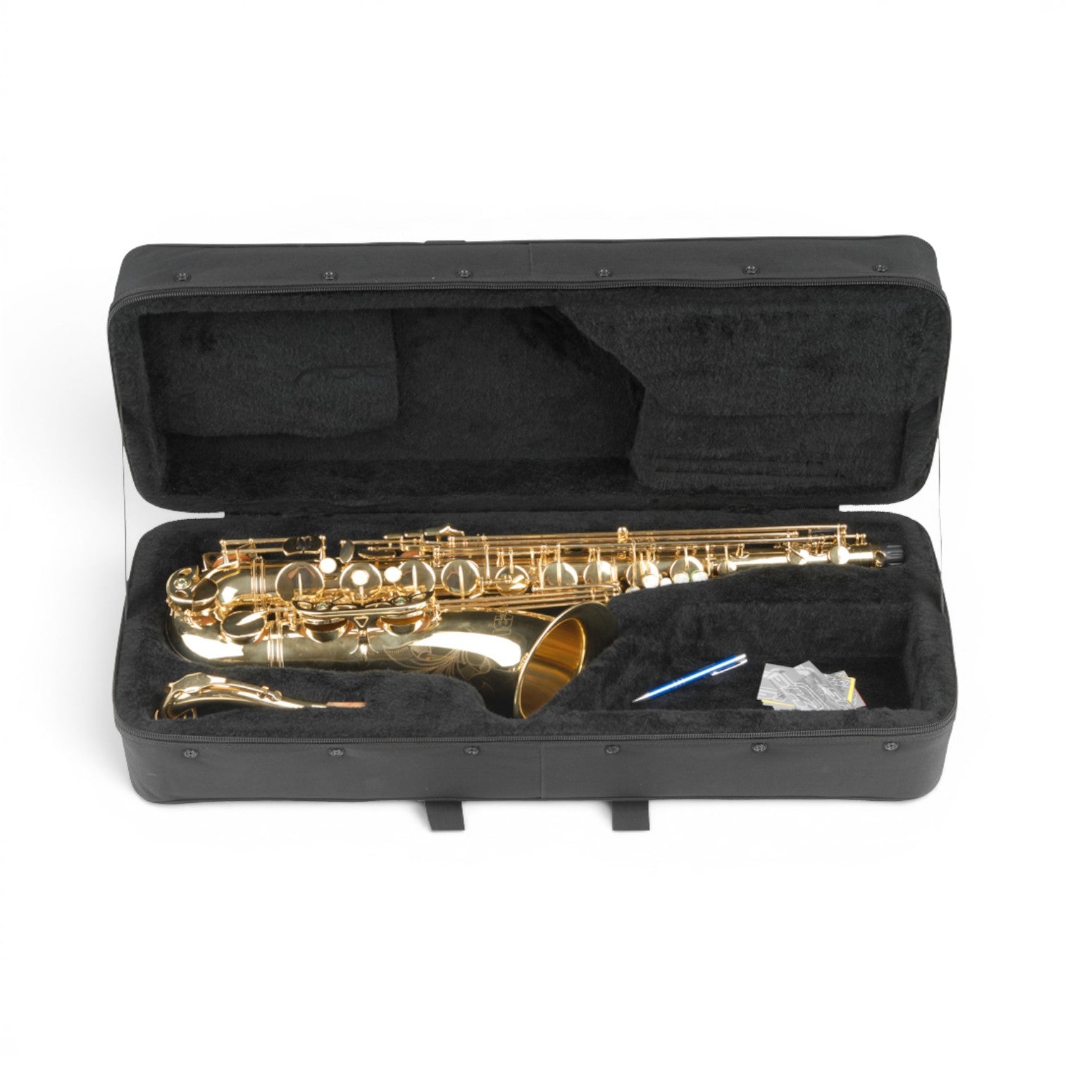 SKB Cases tenor saxophone soft case with black plush interior and gold saxophone inside