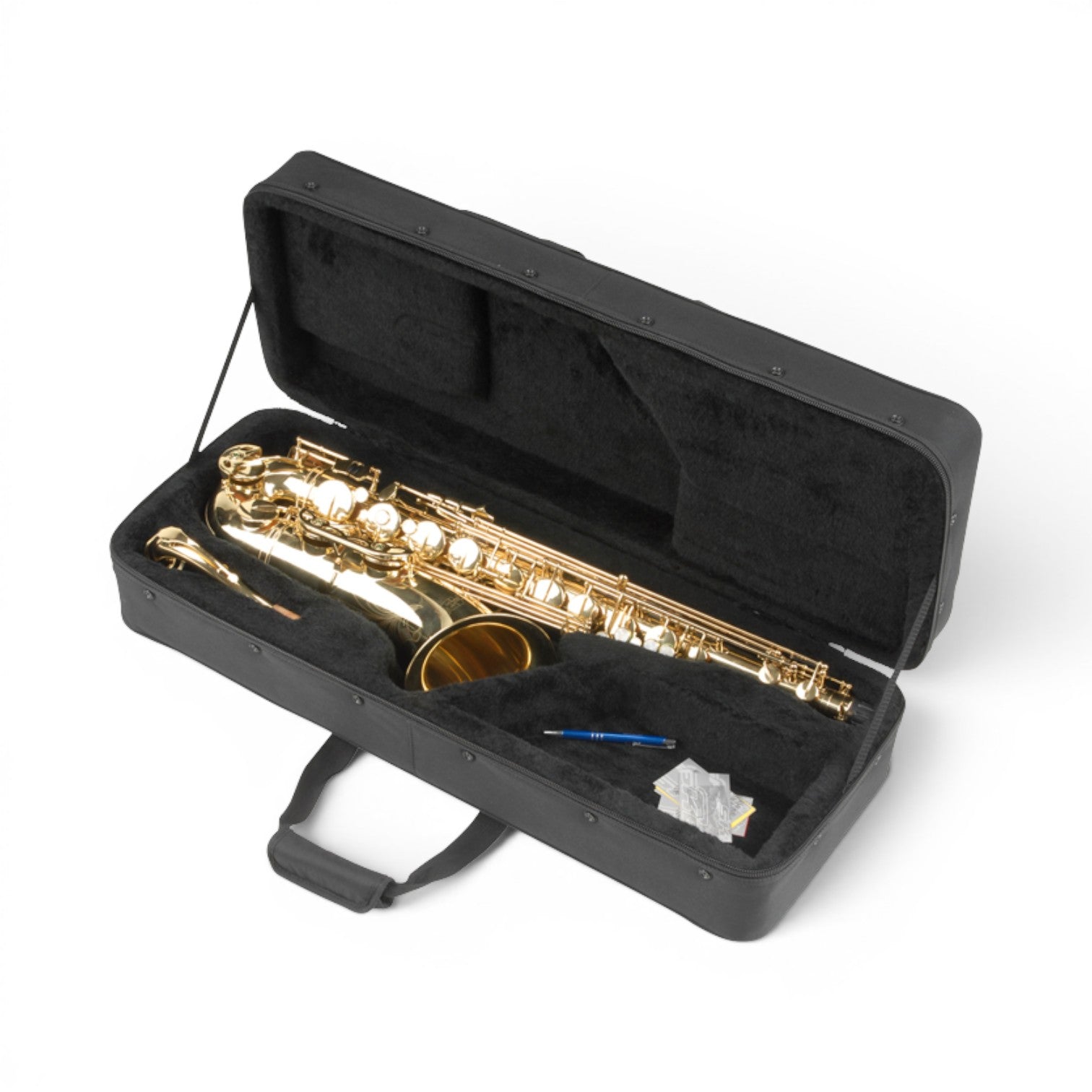 SKB Cases tenor saxophone soft case with black nylon exterior, plush interior, and gold saxophone inside.