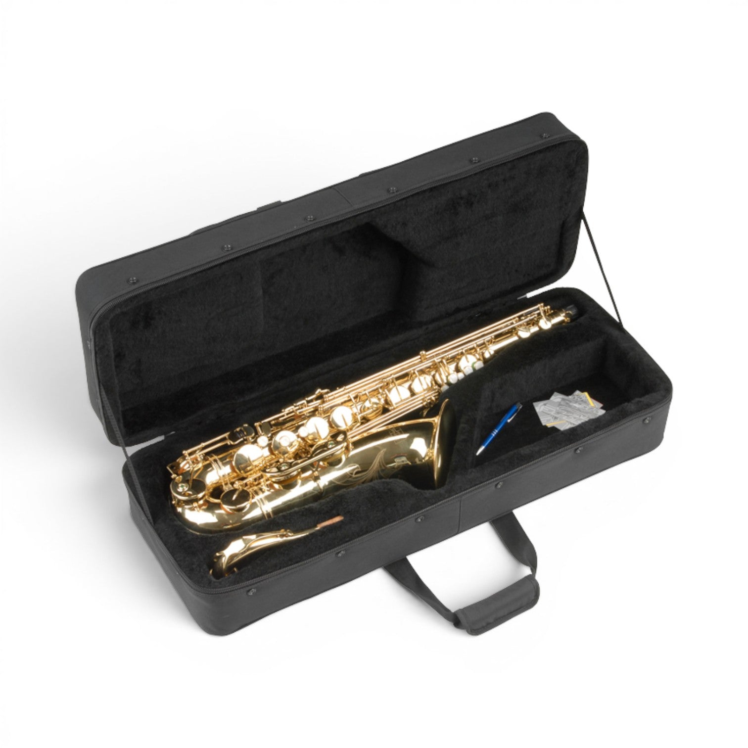 SKB Cases tenor saxophone soft case in black nylon with plush interior and gold saxophone inside