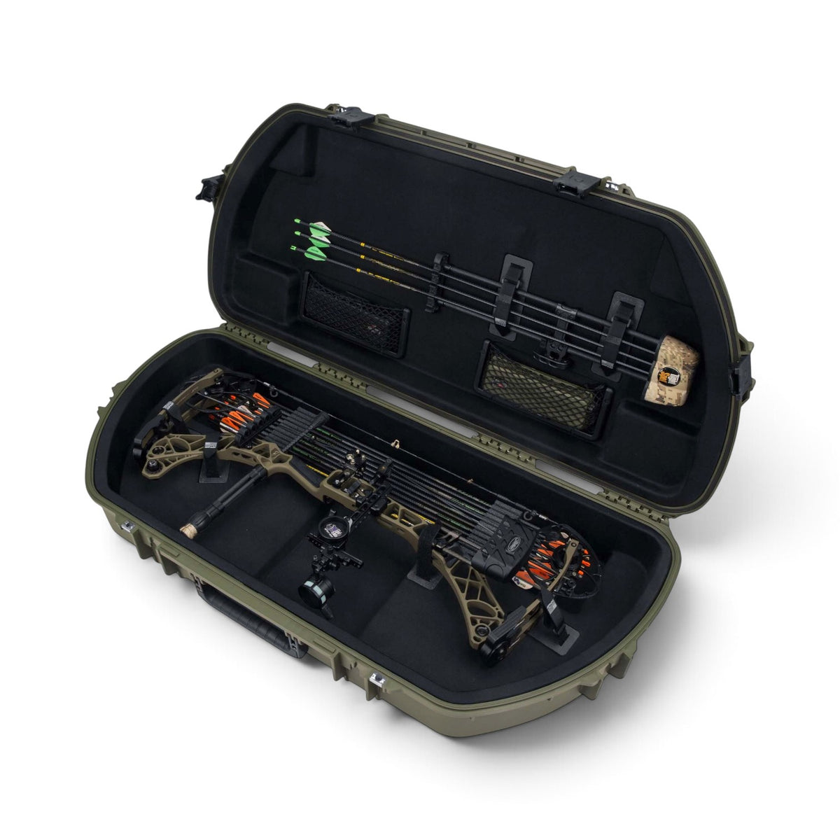 SKB Cases The Pursuit limited-edition olive green hard bow case with compound bow and arrows inside
