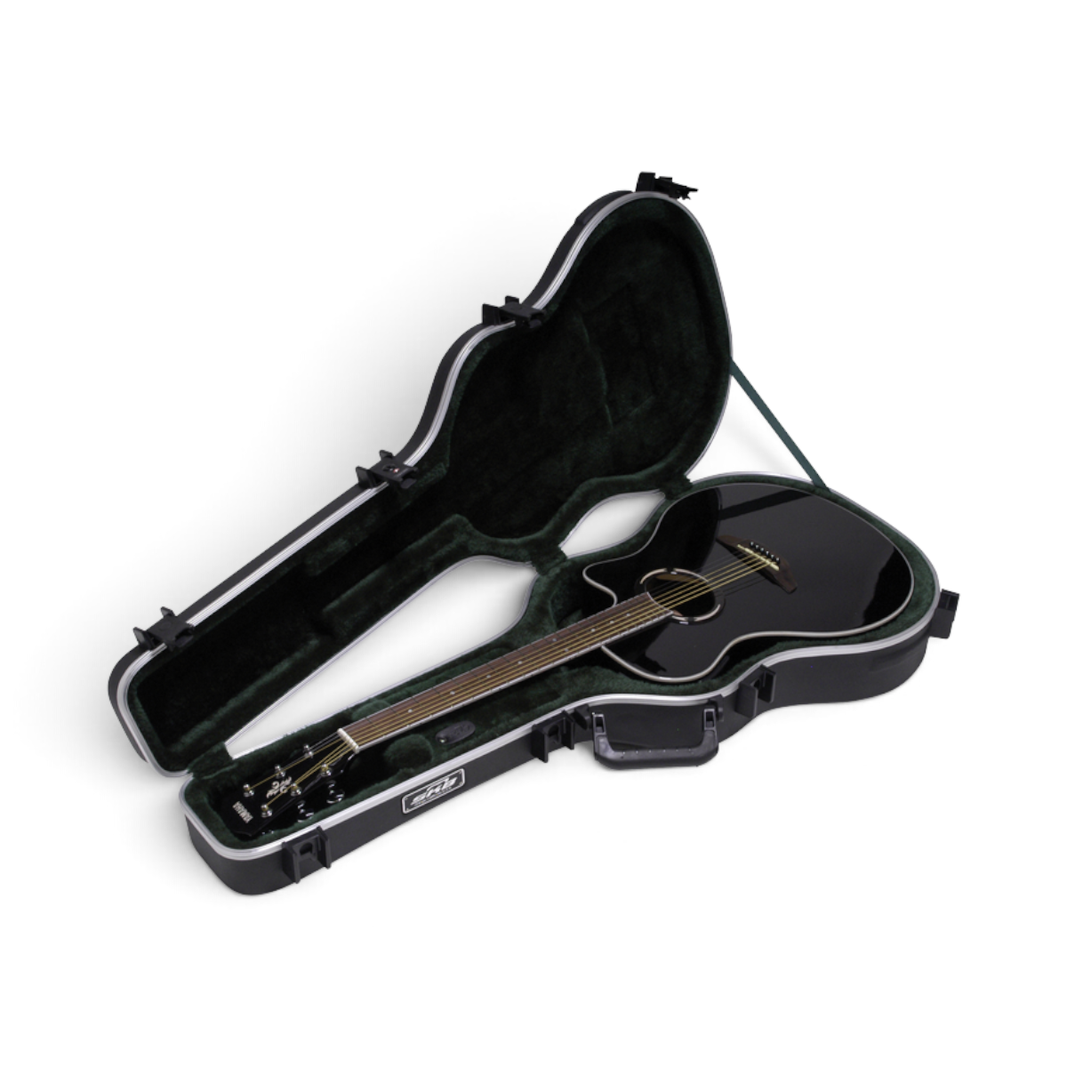 SKB Cases arch top guitar case with plush interior holding a black thin-body acoustic-electric guitar