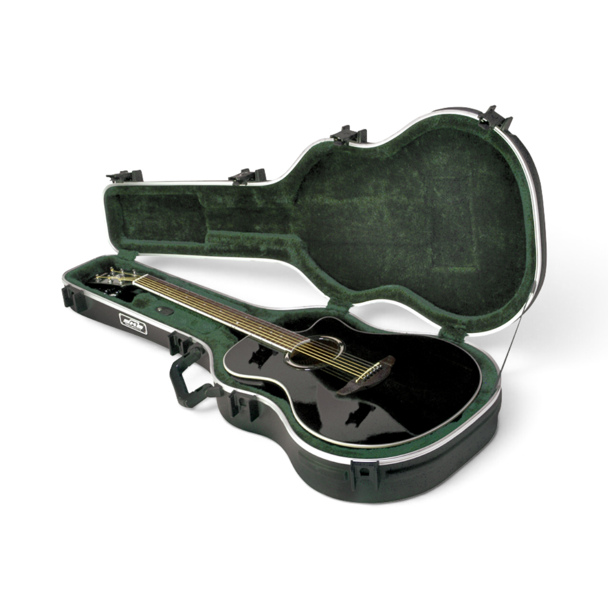 SKB Cases arch top guitar case with plush green interior holding a black thin-body acoustic-electric guitar