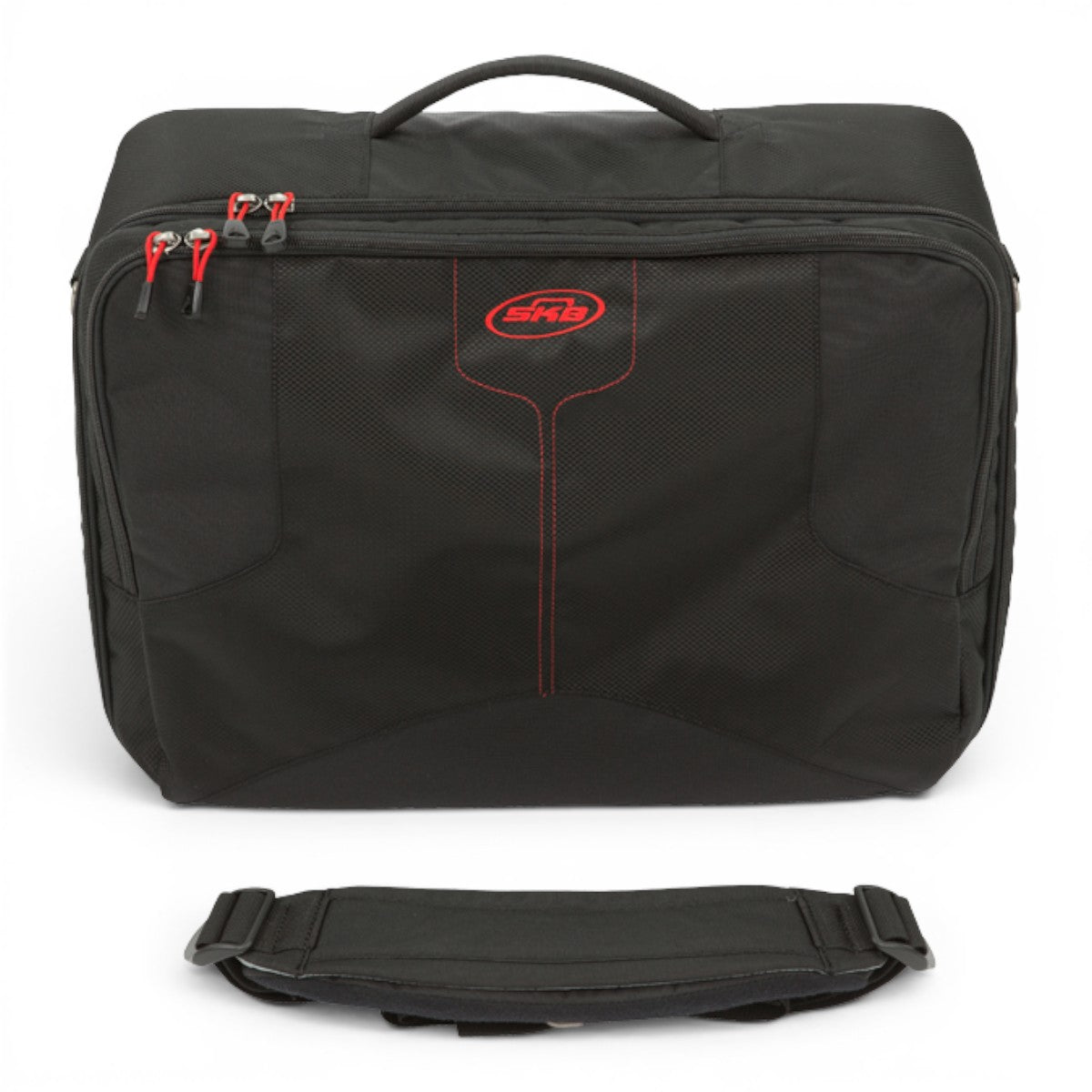 SKB Cases Think Tank soft pedalboard bag in black with red accents, front pocket, and padded shoulder strap.