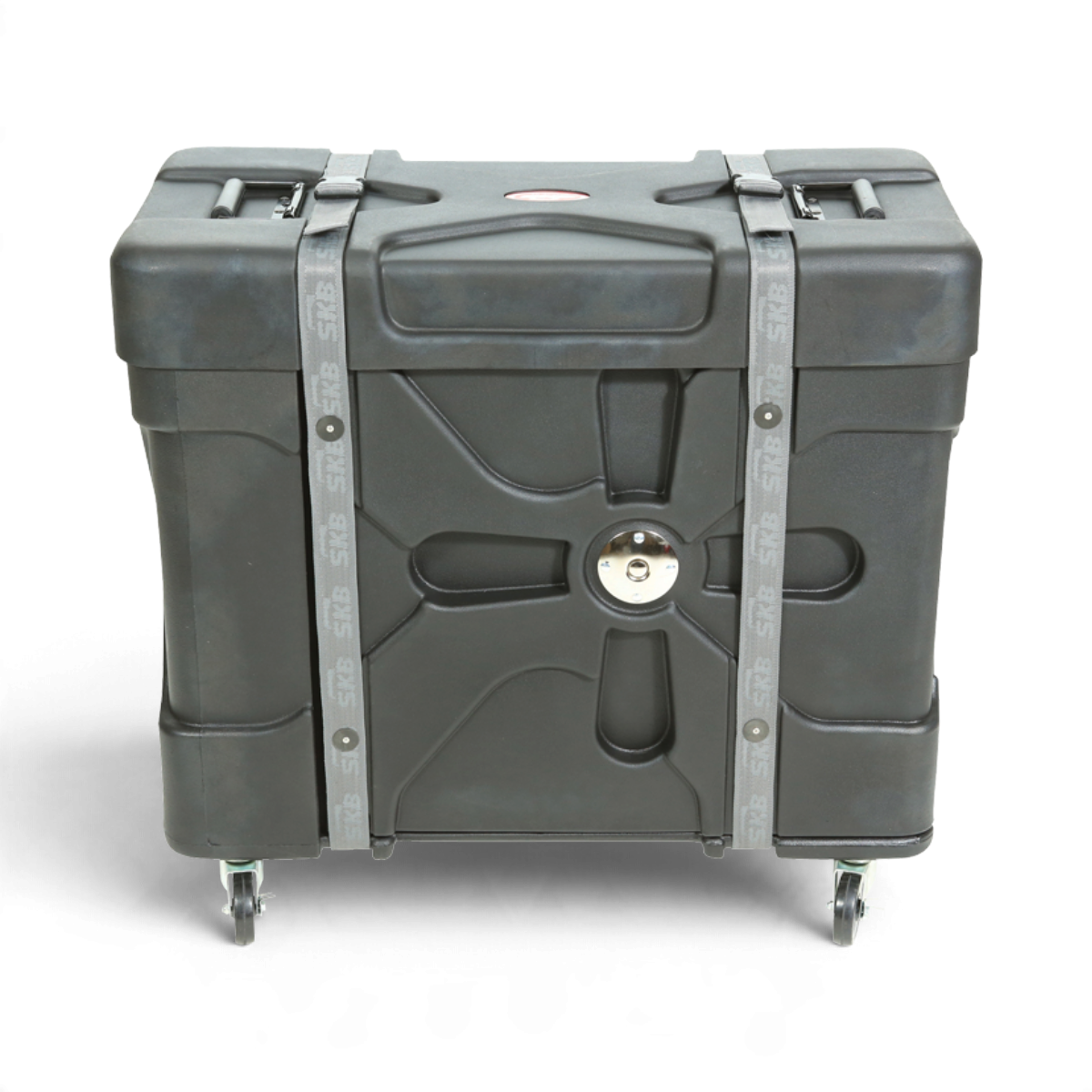 SKB Cases Trap X2 black roto-molded drum case with heavy-duty web straps, casters, and X-pattern reinforced design.