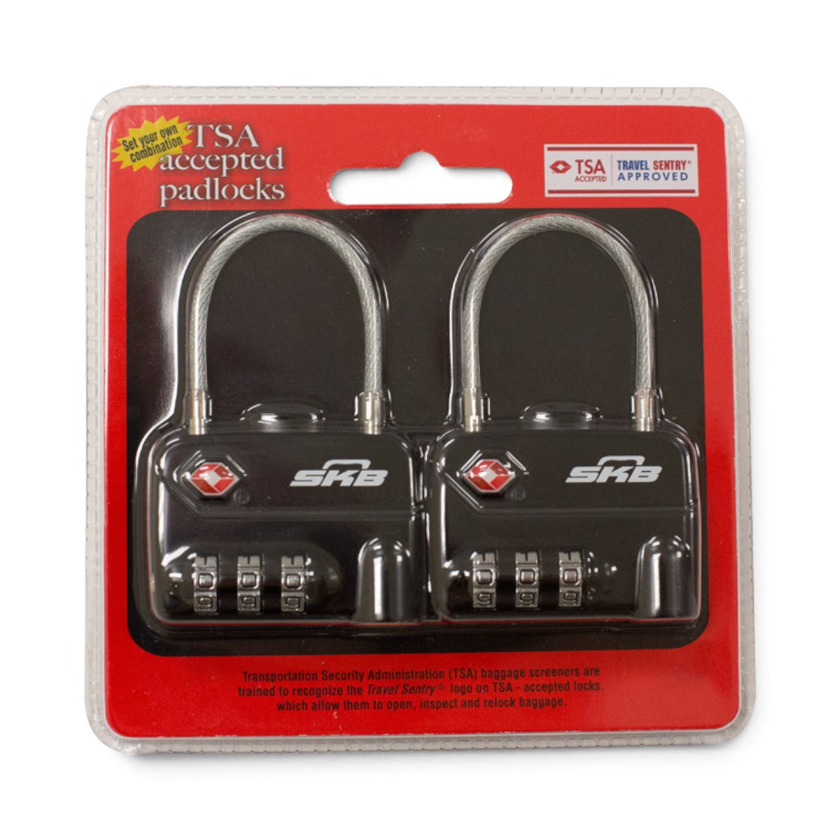 SKB Cases set of two black TSA-approved combination cable padlocks with flexible shackles in retail packaging