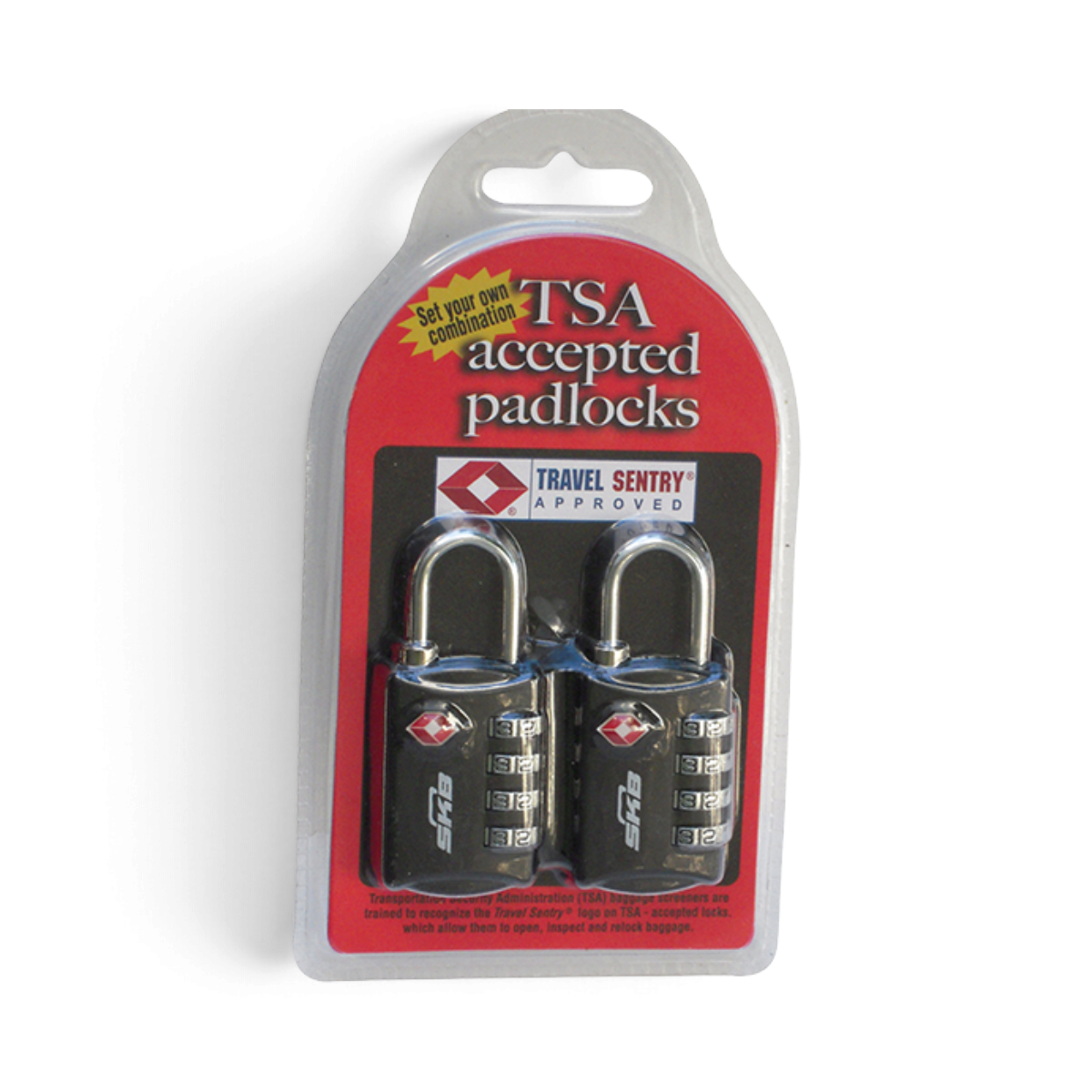 SKB Cases set of two black TSA combination padlocks with rigid shackles in retail blister packaging