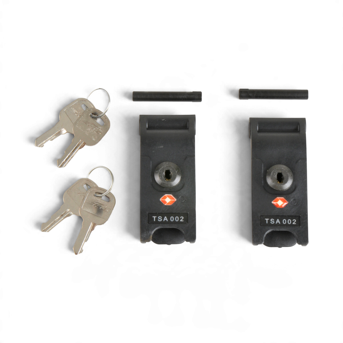 SKB Cases TSA 1 Locking Latch Kit featuring two black TSA-approved trigger latches, replacement pins, and two keys.