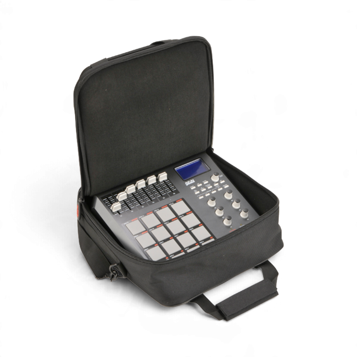 SKB Cases UB Series 1212 black padded equipment bag containing an Akai MIDI controller on a white background