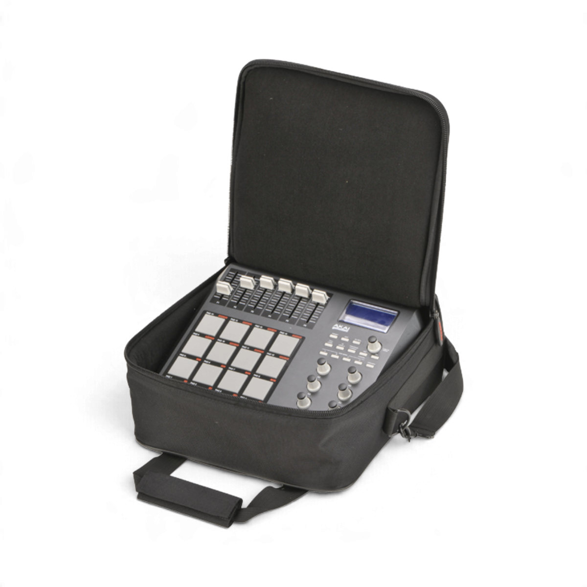 SKB Cases UB Series 1212 black padded mixer bag holding an Akai MIDI controller with an open lid