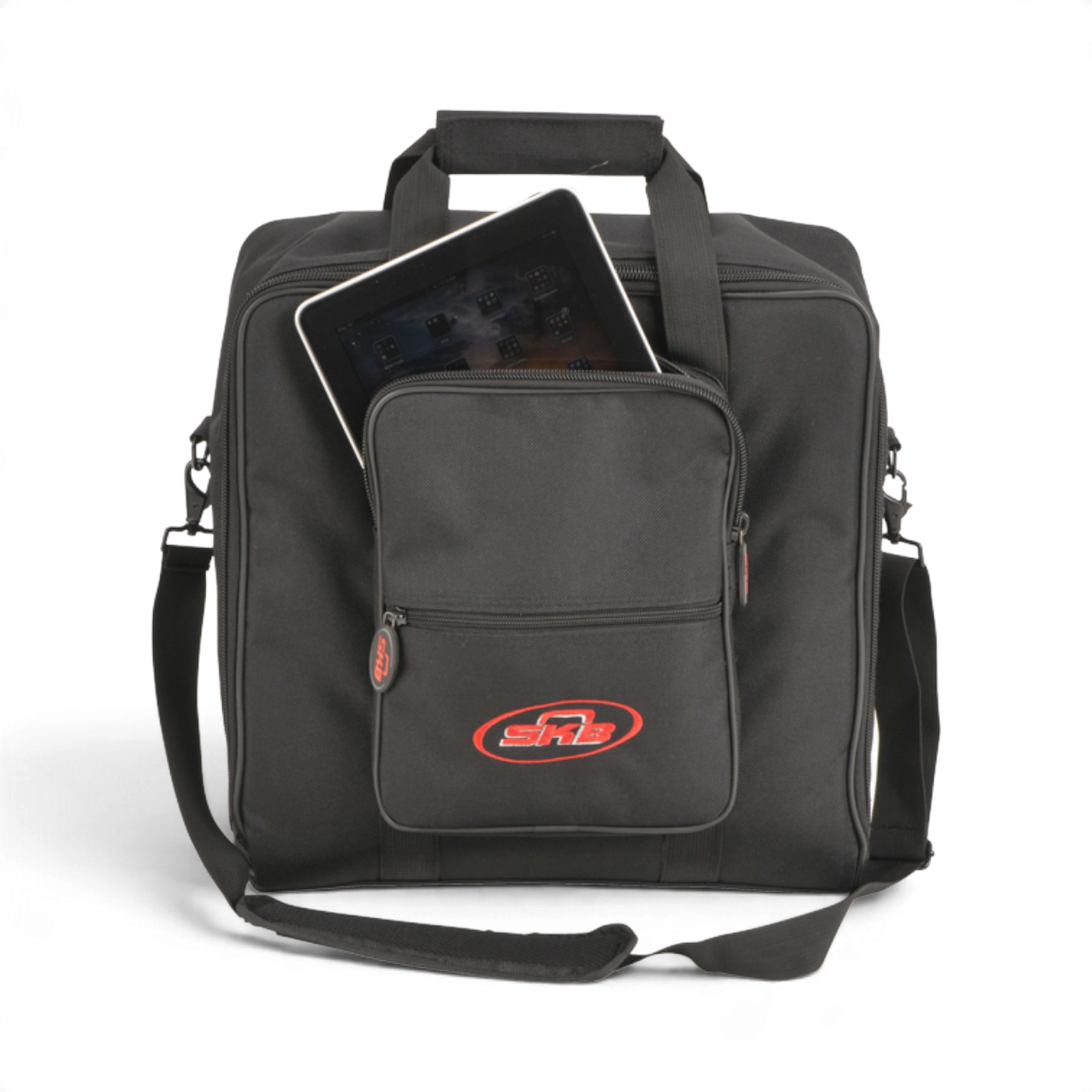 SKB Cases UB Series 1515 black padded mixer equipment bag with an external accessory pocket holding a tablet.