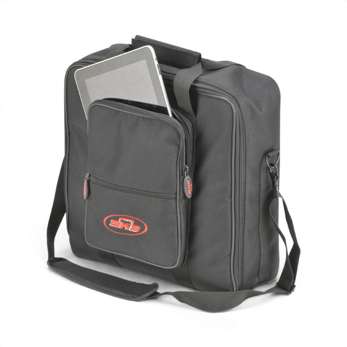 SKB Cases UB Series 1515 black padded equipment bag with an exterior accessory pocket holding a tablet