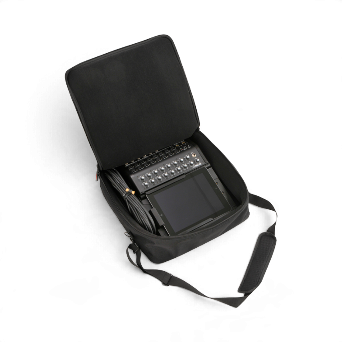 SKB Cases UB Series 1515 black padded equipment bag holding a mixer and tablet with an adjustable shoulder strap.