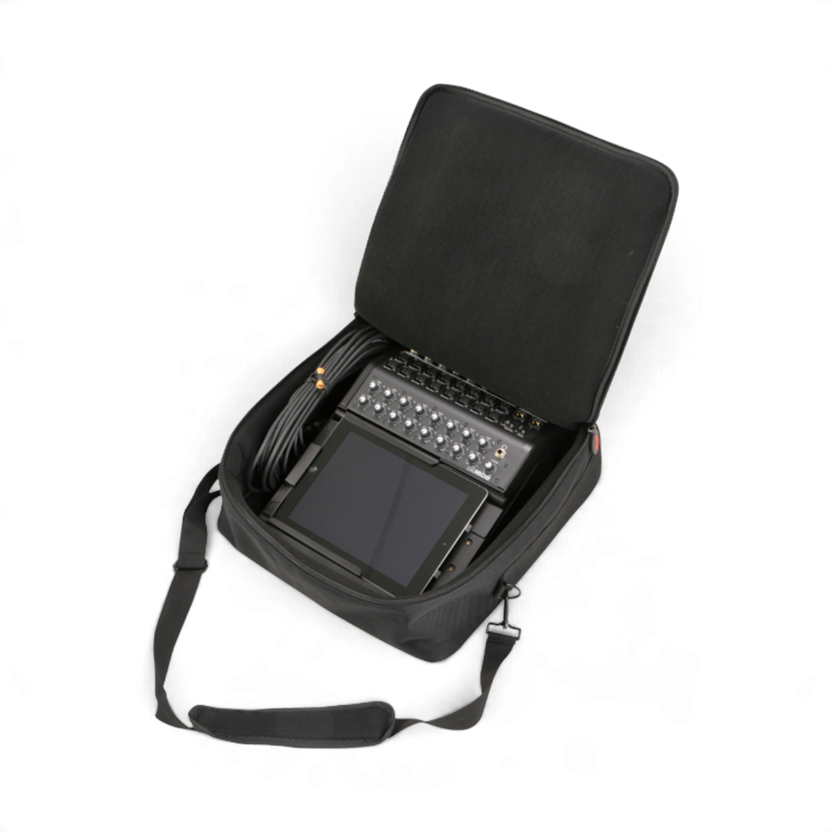 SKB Cases UB Series 1515 black padded equipment bag containing a mixer, tablet, and cables with shoulder strap