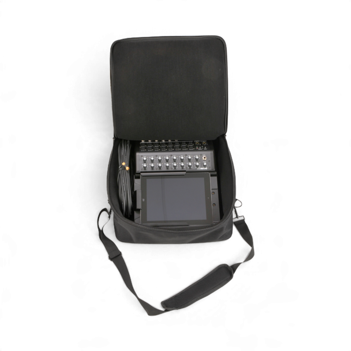 SKB Cases UB Series 1515 black padded equipment bag containing a mixer, tablet, and cables with shoulder strap