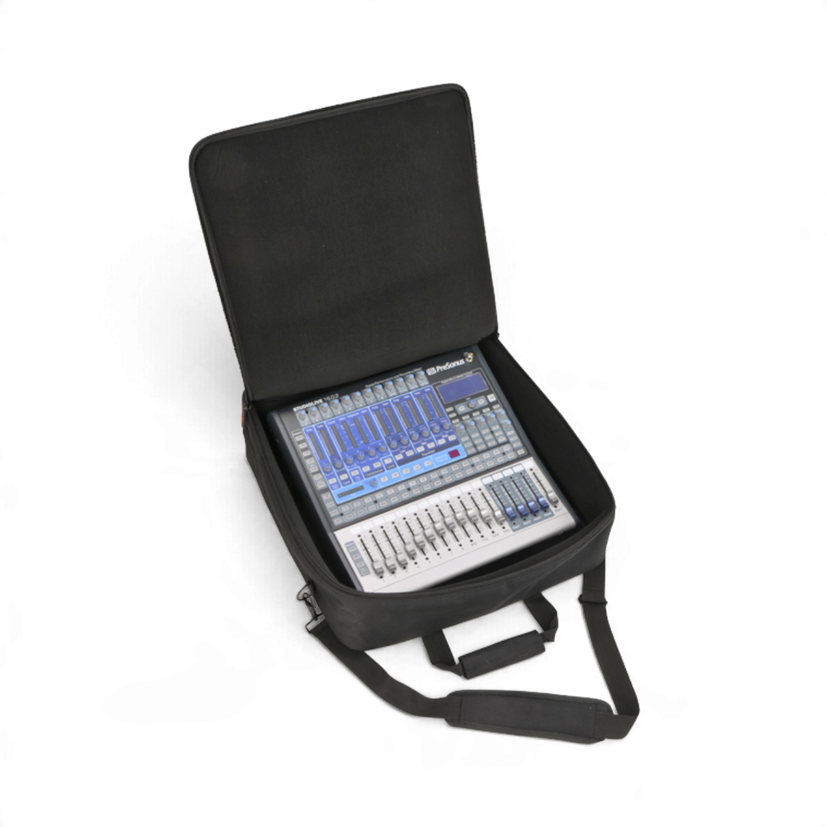 SKB Cases UB Series 1818 padded equipment bag holding a digital mixer with a shoulder strap and accessory pocket
