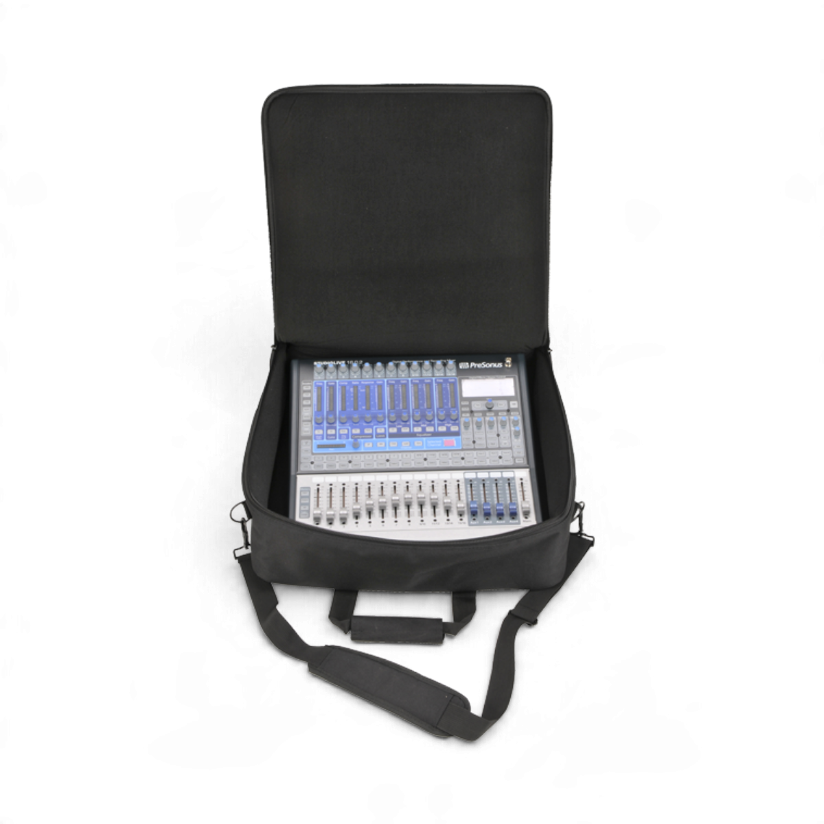 SKB Cases UB Series 1818 black padded mixer bag containing a PreSonus audio mixer with shoulder strap