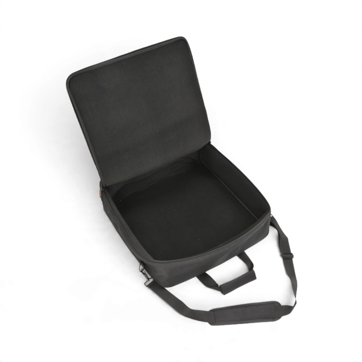 SKB Cases UB Series 1818 black padded equipment bag with shoulder strap and accessory pocket, open view