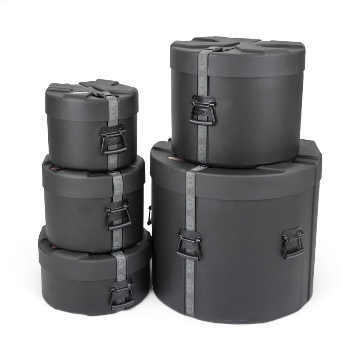 SKB Cases Ultimate Drum Package featuring five black Roto-X molded drum cases with secure straps and protective feet.