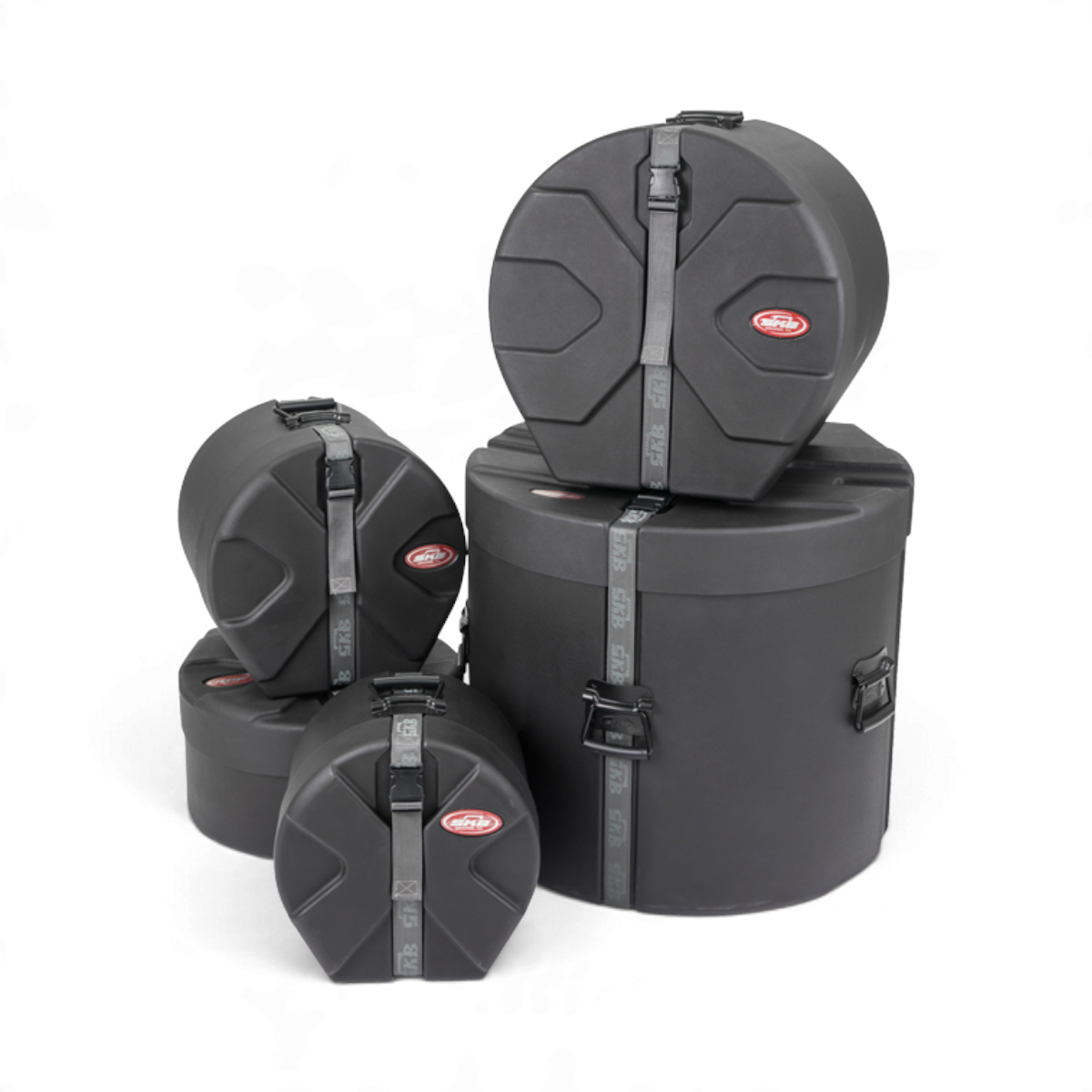 SKB Cases Ultimate Drum Package featuring five black Roto-X molded drum cases with secure straps and D-shape design.