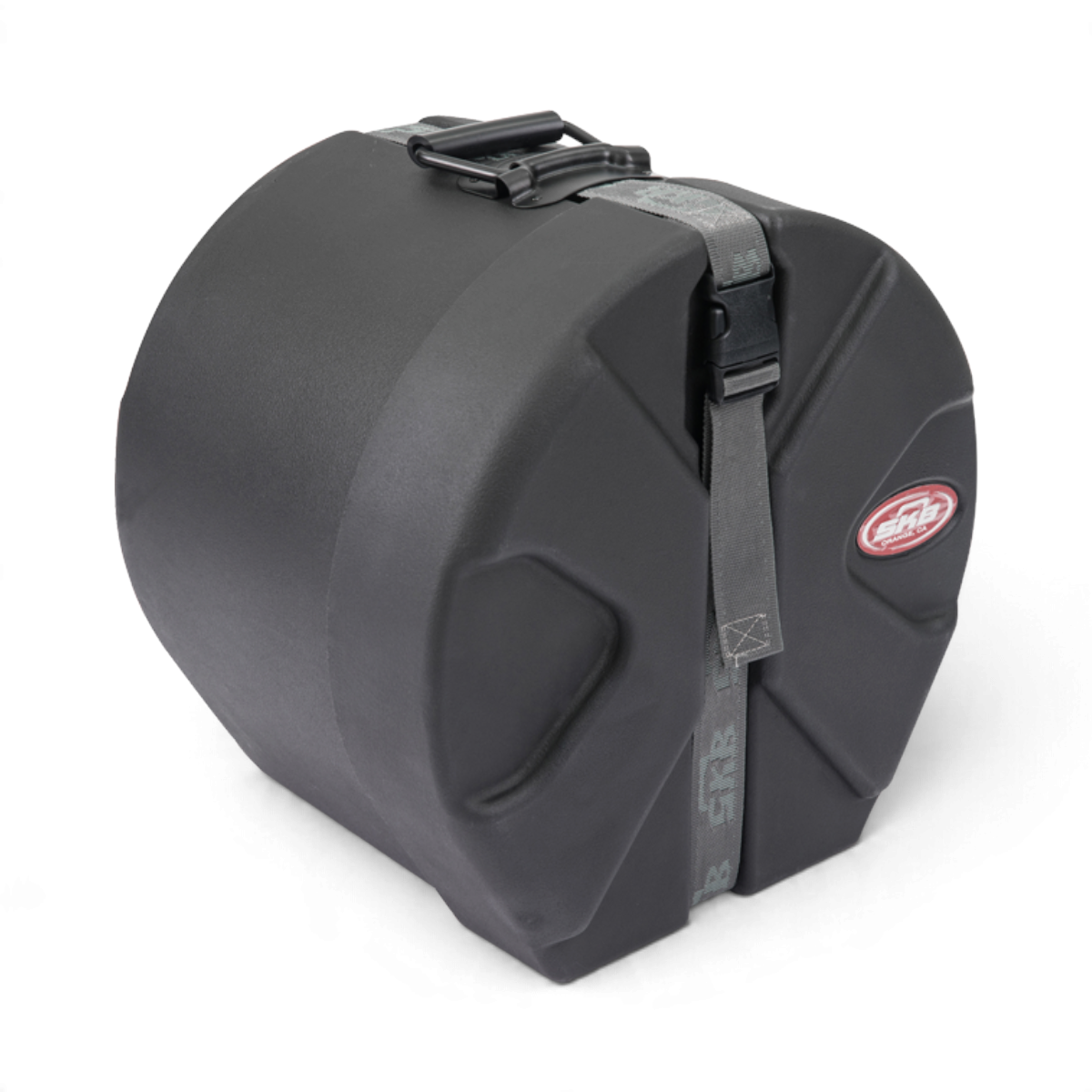 SKB Cases black Roto-X drum case with D-shape design, molded feet, and secure strap closure for percussion storage.