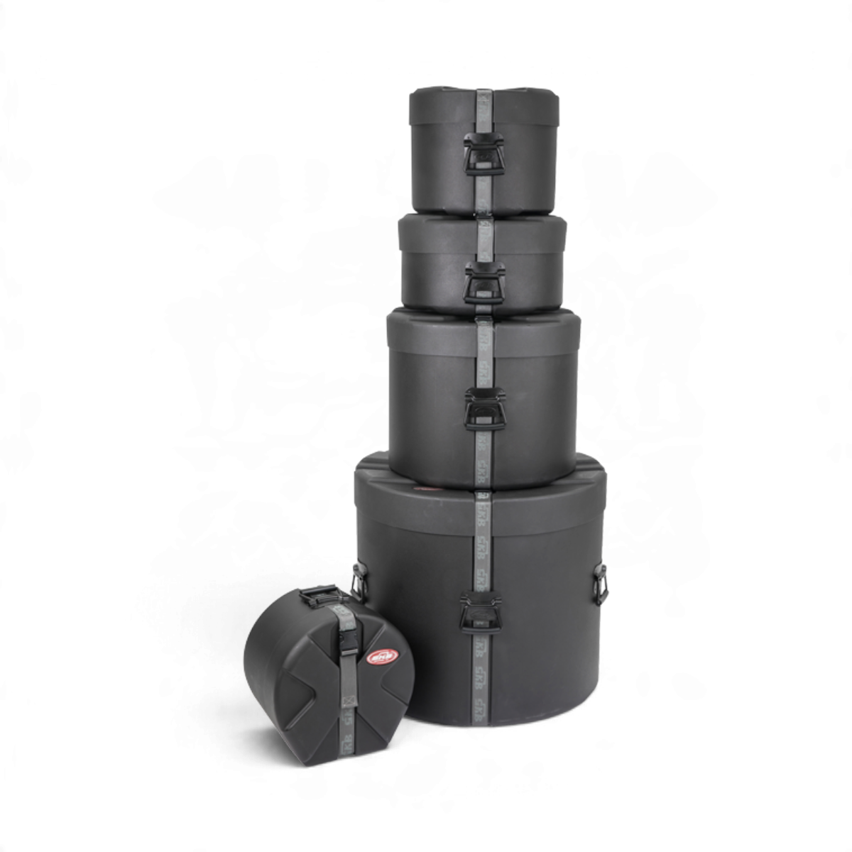 SKB Cases Ultimate Drum Package featuring a stack of five black Roto-X molded percussion cases with secure straps.
