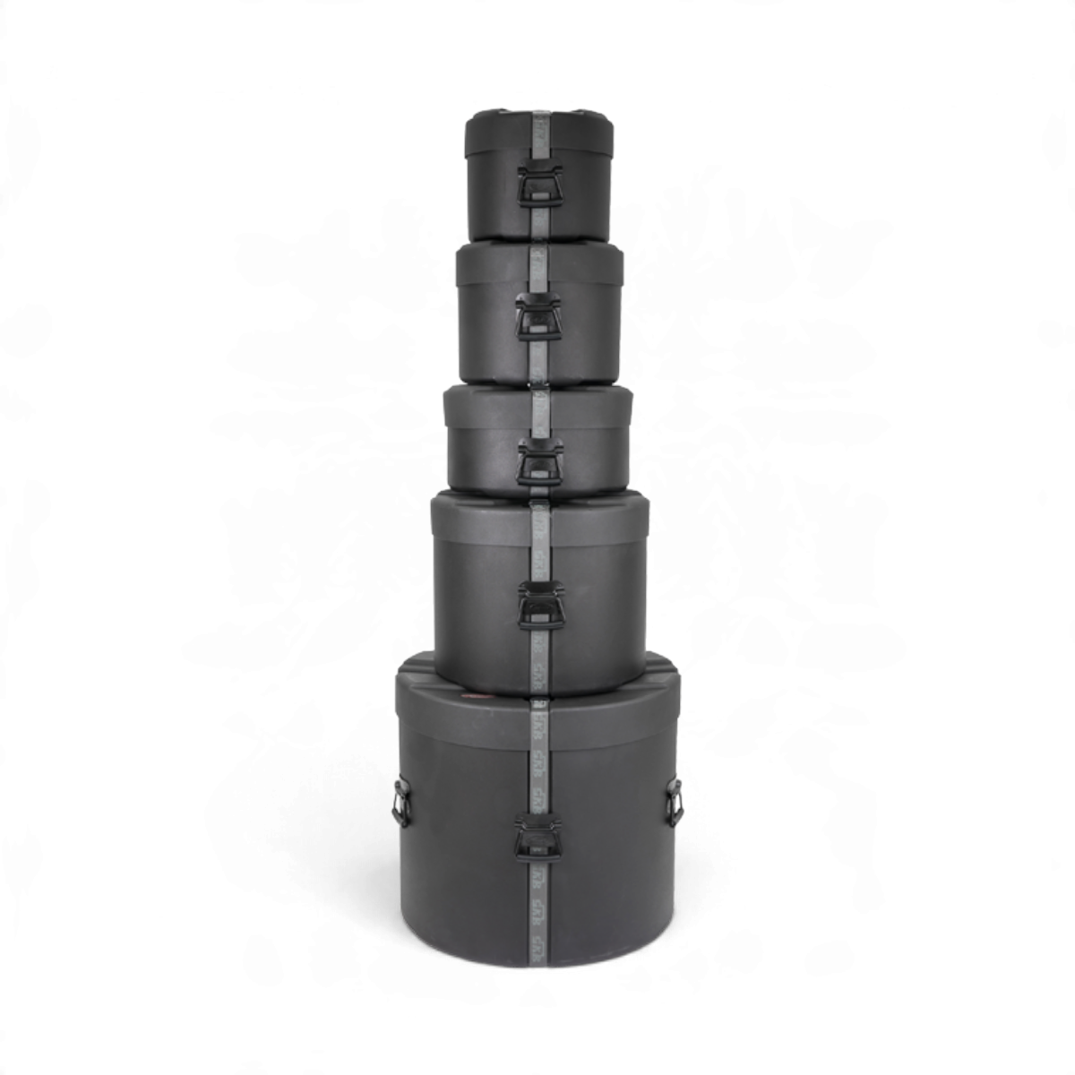 SKB Cases Ultimate Drum Package featuring five black, stackable, D-shaped hard-shell percussion cases.