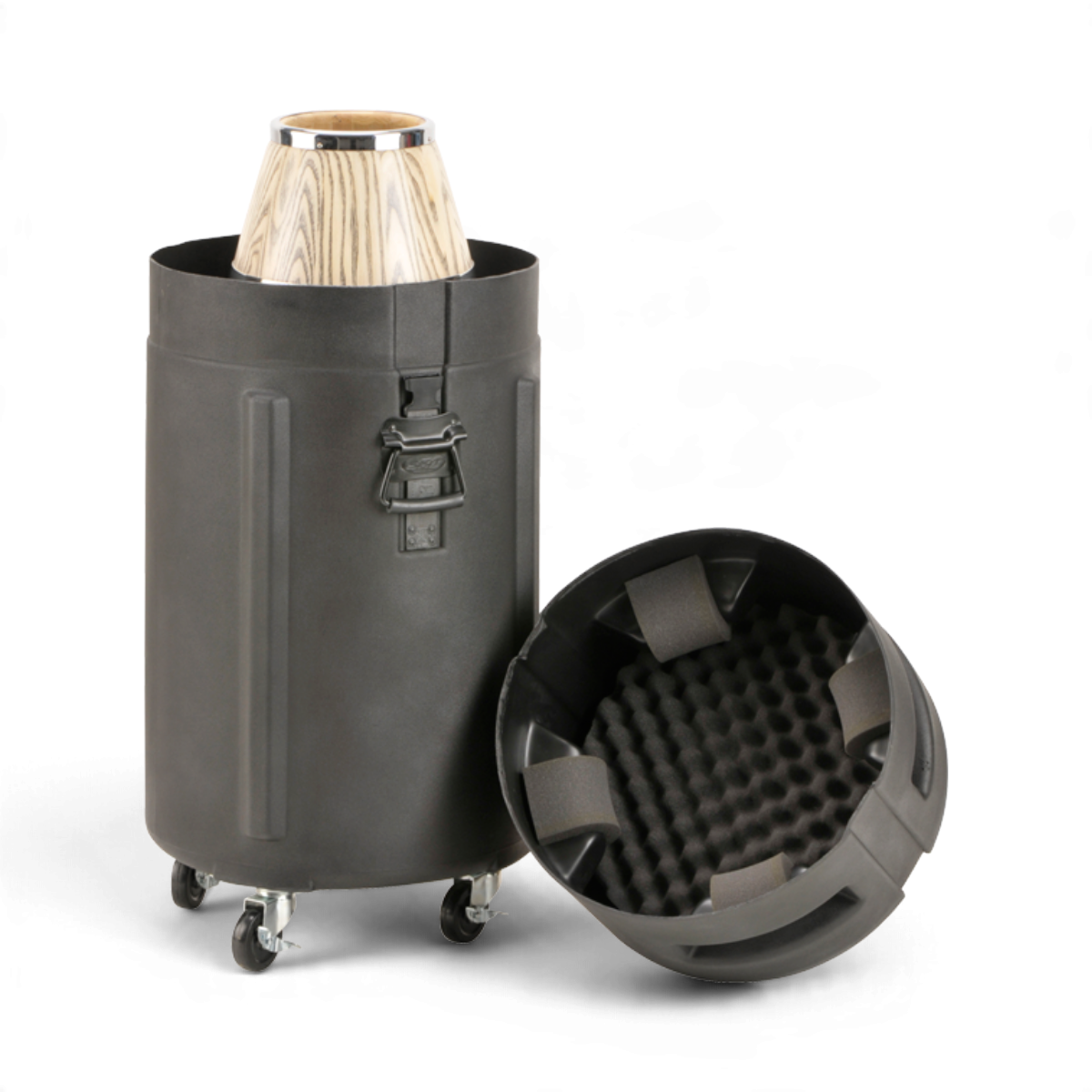 SKB Cases universal conga drum case in black polyethylene with wheels, foam padding, and a wooden conga drum inside.