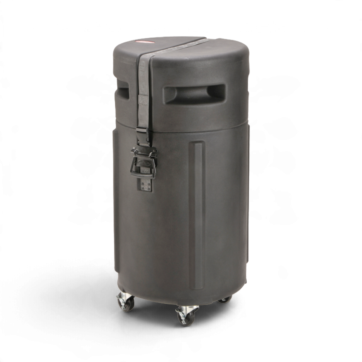 SKB Cases black roto-molded universal conga drum case with wheels and secure locking strap on a white background