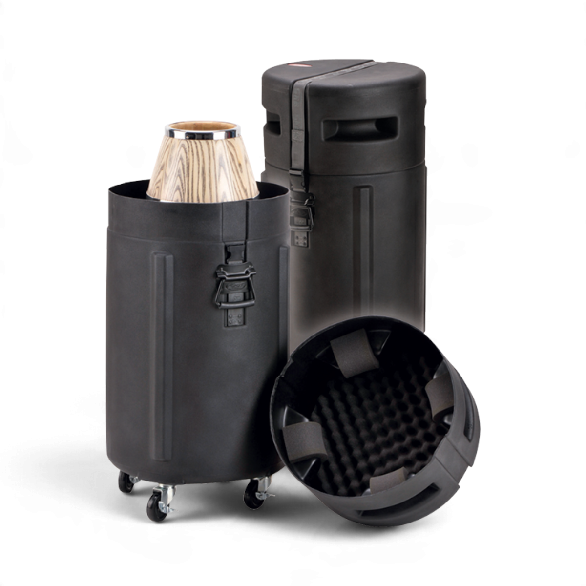 SKB Cases universal conga drum case in black polyethylene with wheels, foam interior, and a wooden conga drum inside.