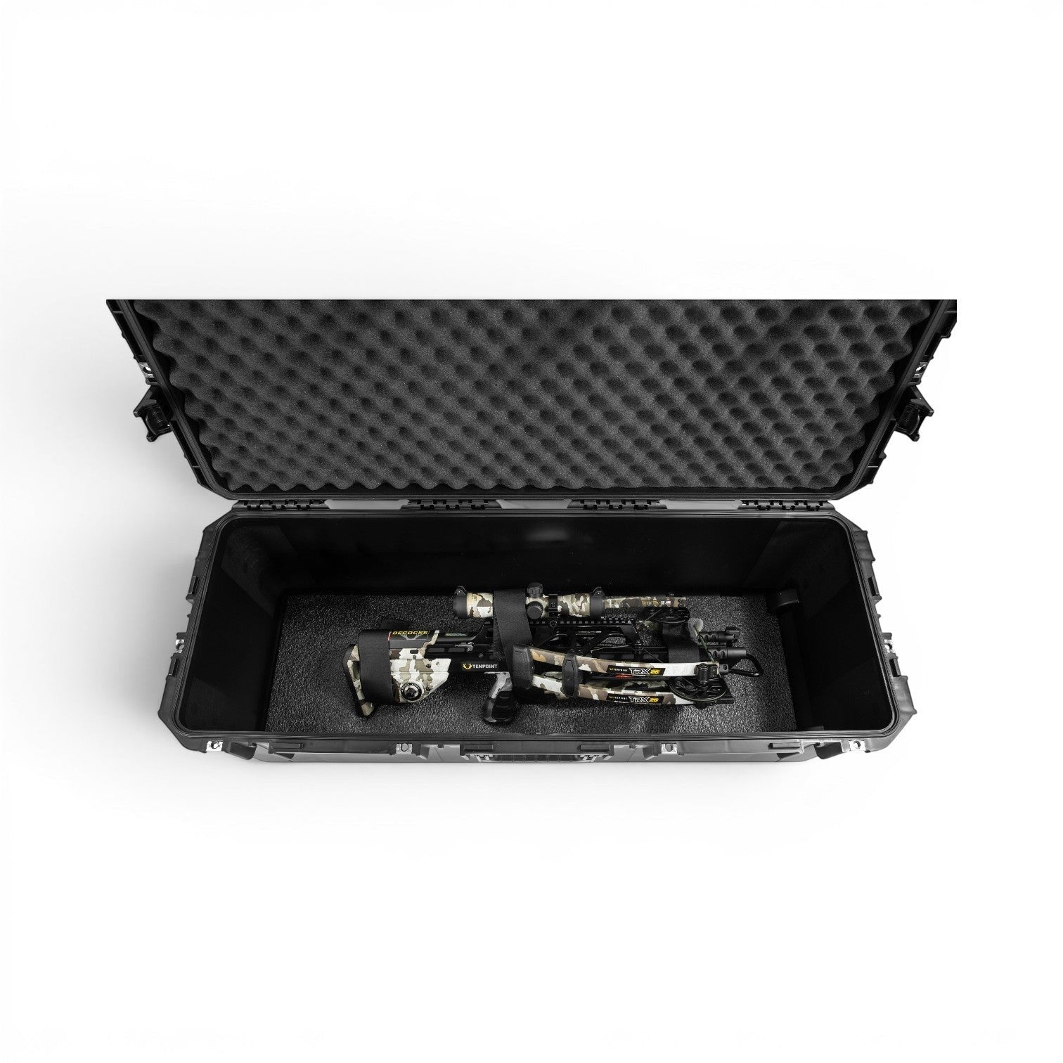 SKB Cases iSeries universal crossbow case with internal foam padding and secure velcro straps holding a crossbow