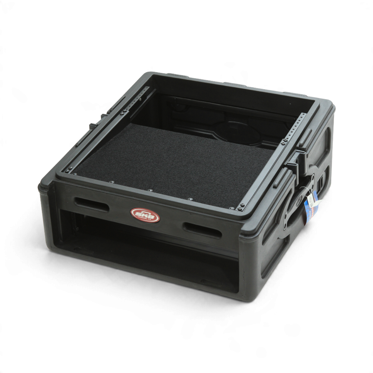 SKB Cases 8U velcro compatible rack shelf installed in a black slant mount mixer case for equipment mounting