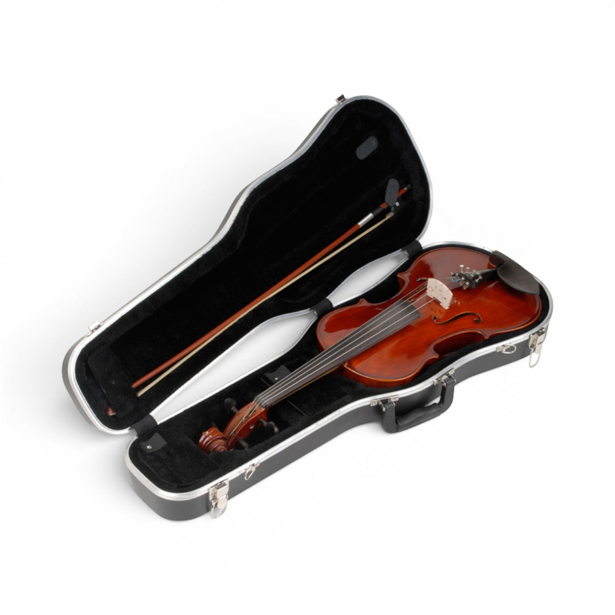 SKB Cases 15 and 16 inch viola deluxe hard case with black interior, holding a wooden viola and two bows.
