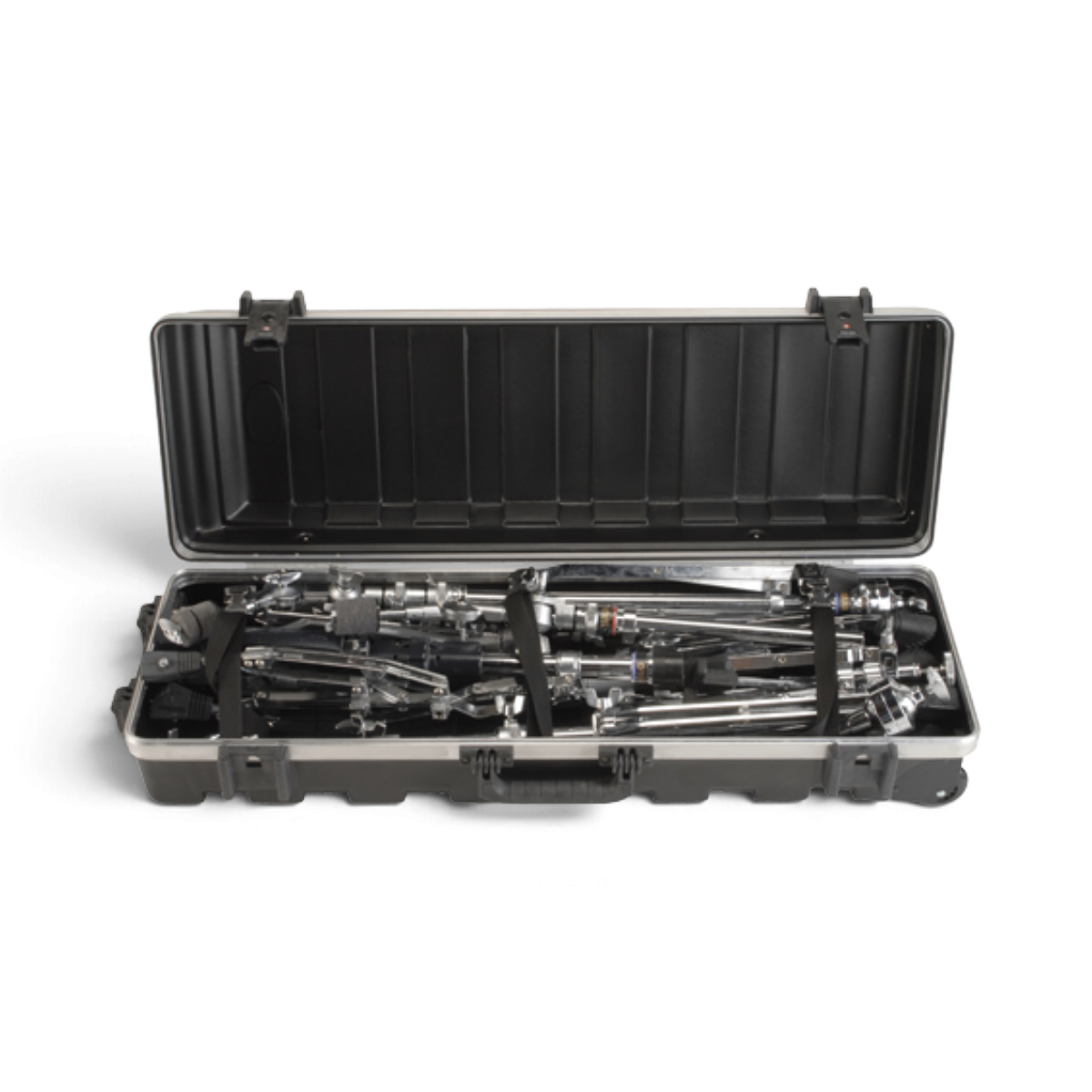SKB Cases vSeries 3611 hard-shell transport case filled with drum hardware and mic stands on a white background