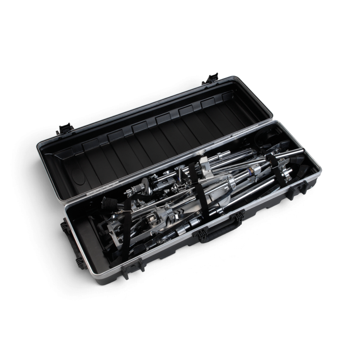 SKB Cases vSeries 3611 hard-shell transport case open and filled with metal drum hardware stands