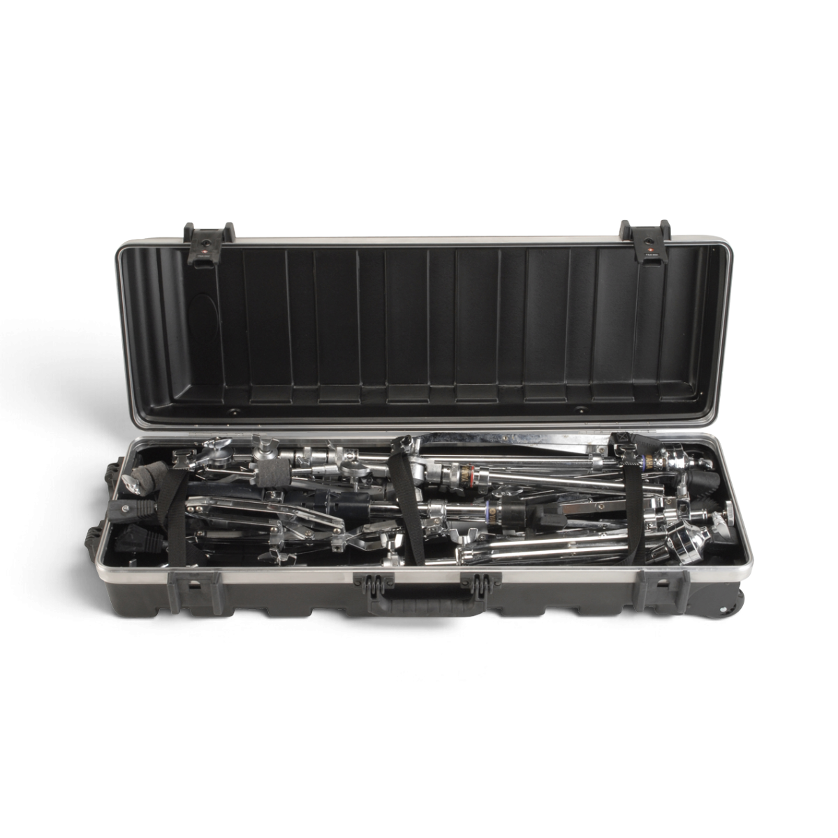 SKB Cases vSeries 3611 hard-shell transport case open and filled with drum hardware and mic stands