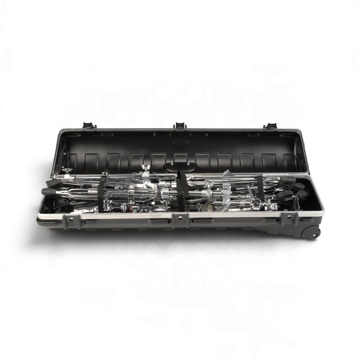 SKB Cases vSeries 4812 hard-shell transport case filled with chrome drum hardware and mic stands on white background