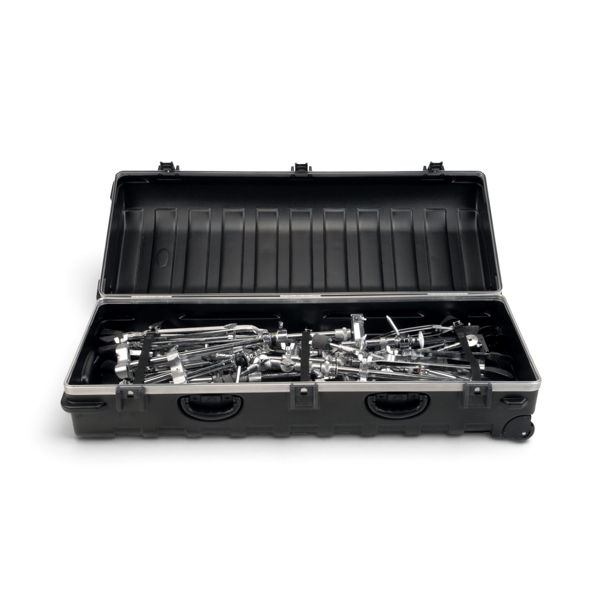 SKB Cases vSeries 5020 hard-shell polyethylene transport case filled with chrome drum hardware and mic stands