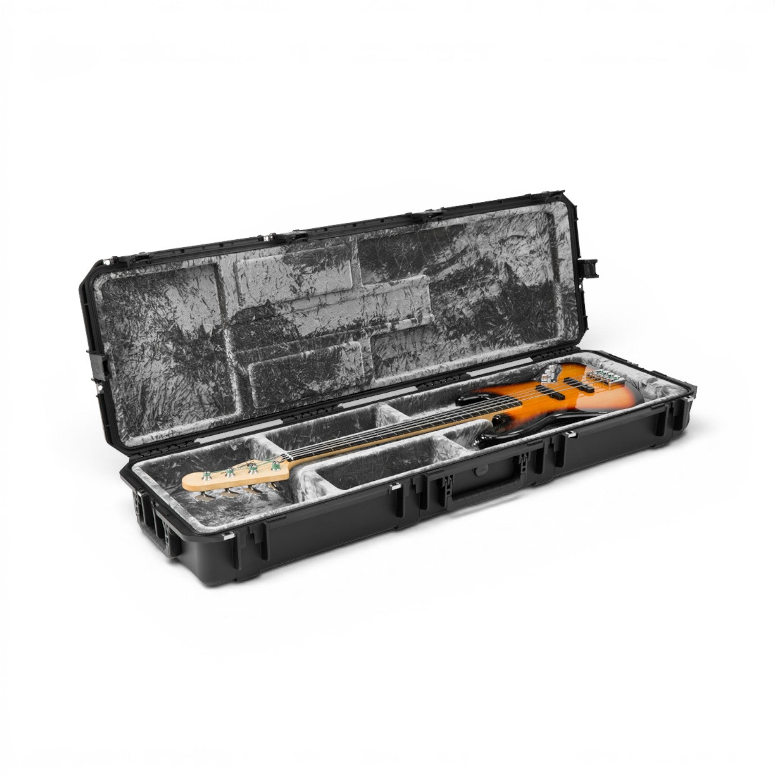 SKB Cases iSeries waterproof electric bass case with open cavity design and plush platinum interior.