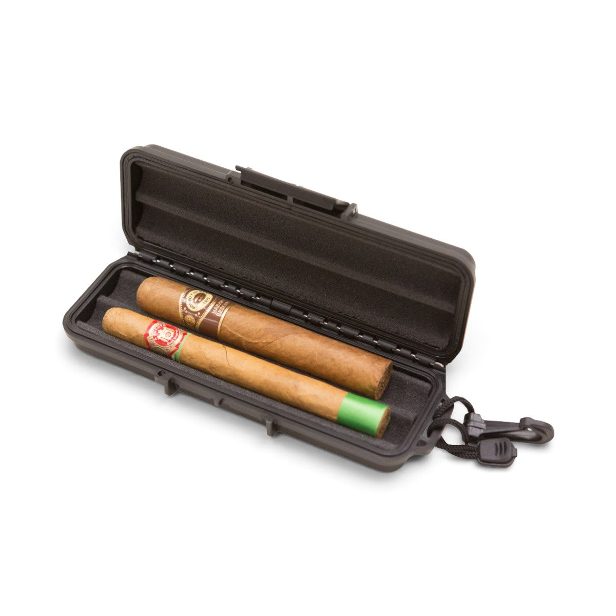 SKB Cases iSeries 0702-1 waterproof black cigar case with foam interior holding two cigars and a black lanyard