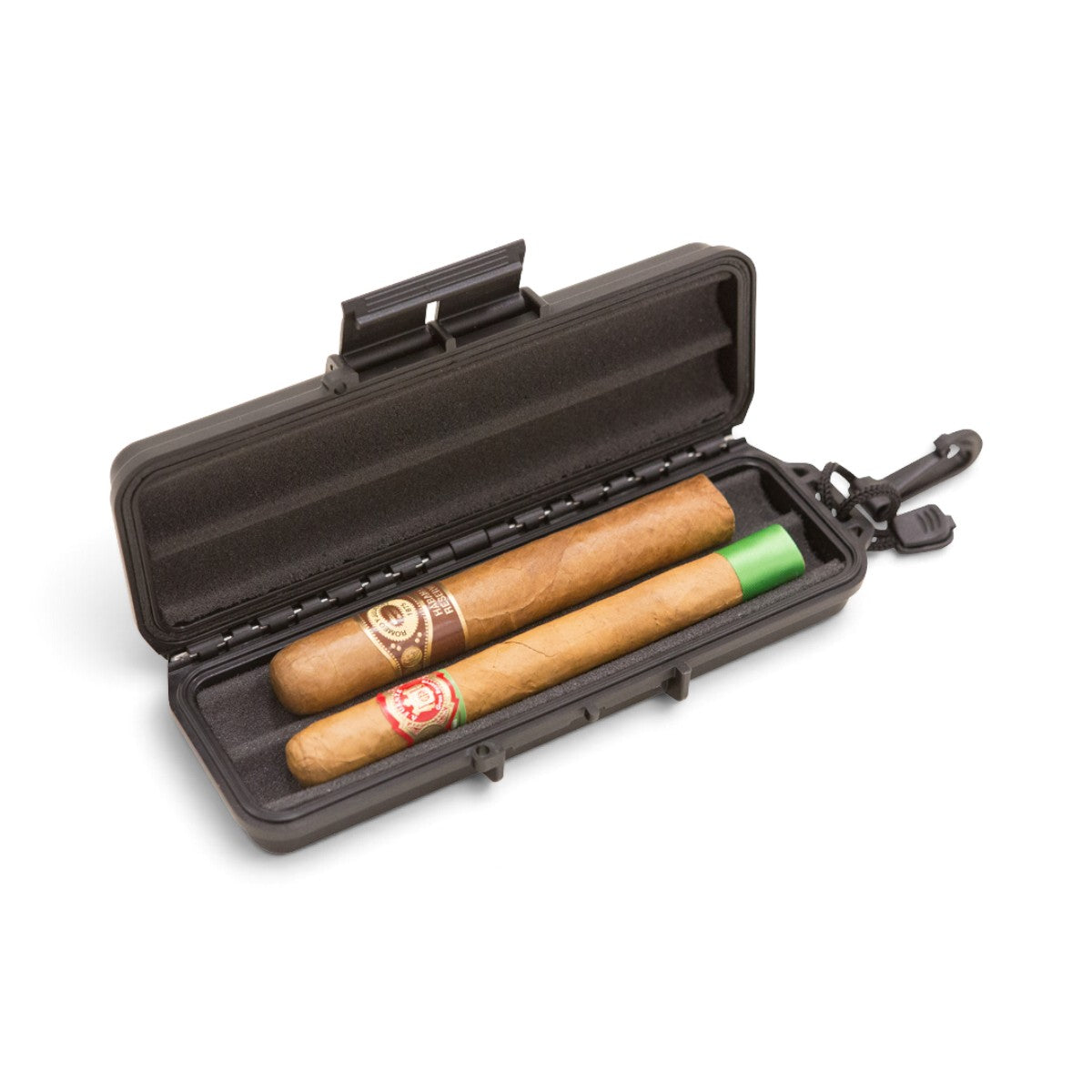SKB Cases iSeries 0702-1 waterproof cigar case in black with two cigars and an attached lanyard