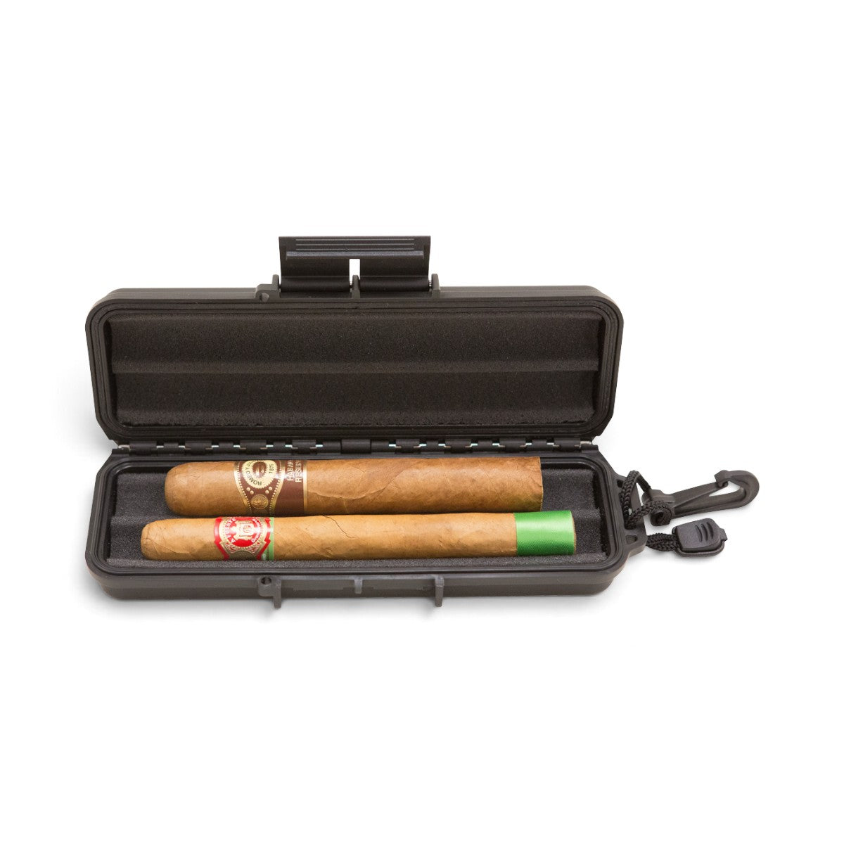 SKB Cases iSeries 0702-1 waterproof cigar case holding two cigars with a black lanyard attachment